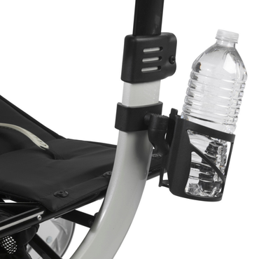 A close-up of the Cup Holder for Drive Medical Nitro Rollators, shown with tool-free installation on the handlebar, holding a plastic water bottle. Part of the Nitro rollator's seat and frame are also visible.