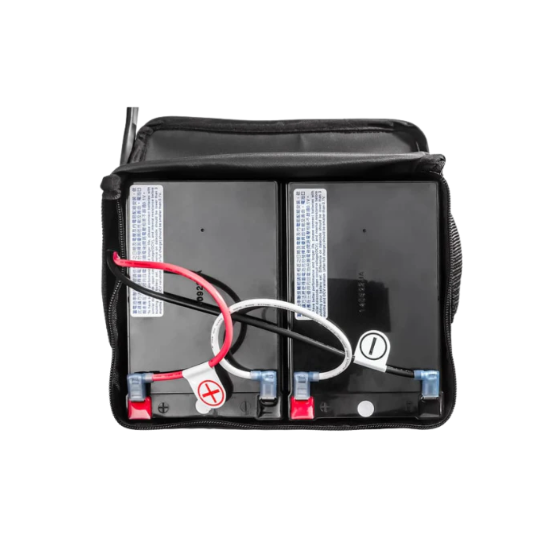 A black case is open, showing two rectangular FreeRider 15AH SLA Batteries for Luggie Classic II inside. Red and black wires connect the batteries to positive and negative terminals, ready for scooter battery replacement.