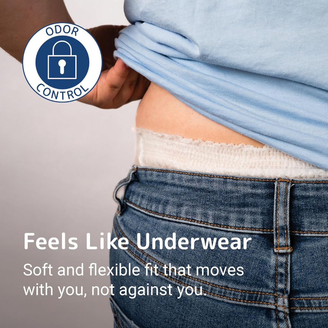 A person lifts a blue shirt to show the waistband of Abena Pants Premium Protective Adult Underwear above blue jeans. Text: Feels Like Underwear—soft, flexible fit with absorbent protection and odor control. Odor Control badge visible.