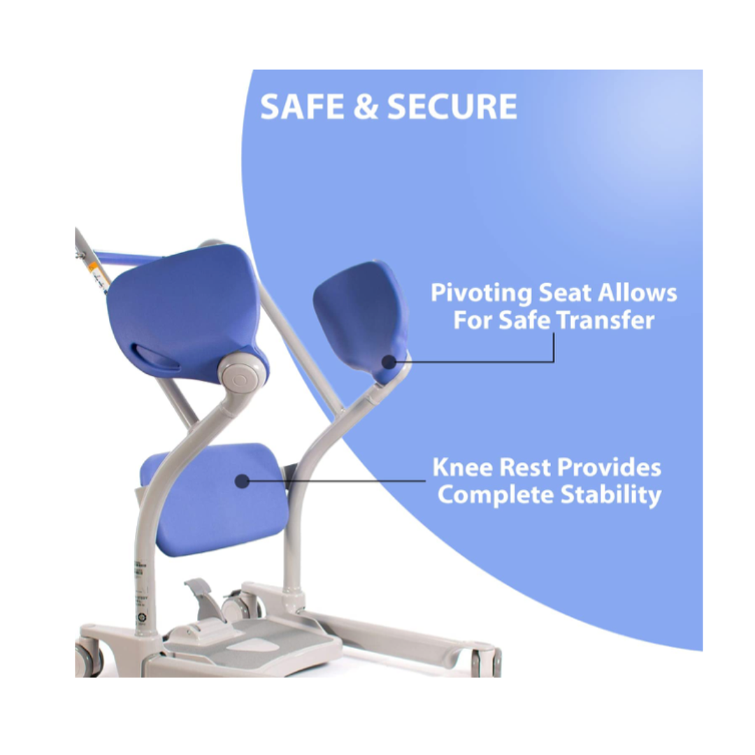 The ARJO Sara Stedy Manual Standing Aid & Sit-To-Stand Transfer Lift features blue cushions, a pivoting seat for safe transfer, and a knee rest for stability, highlighted in white text on a blue "Safe & Secure" backdrop.