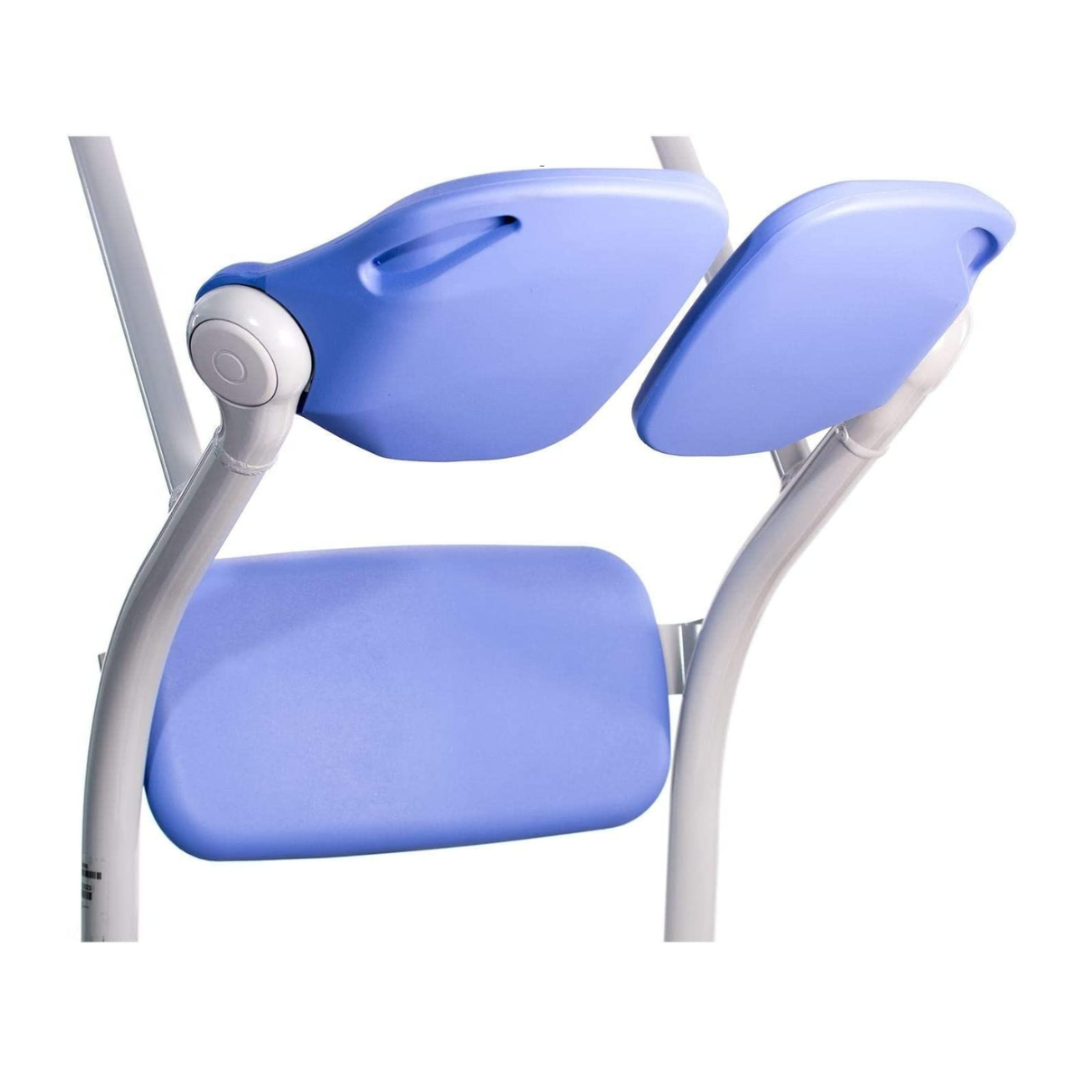 Close-up of the ARJO Sara Stedy Manual Standing Aid & Sit-To-Stand Transfer Lift, featuring a distinctive backrest with two curved blue panels and a matching blue seat. The light gray frame provides a modern accent to the design.
