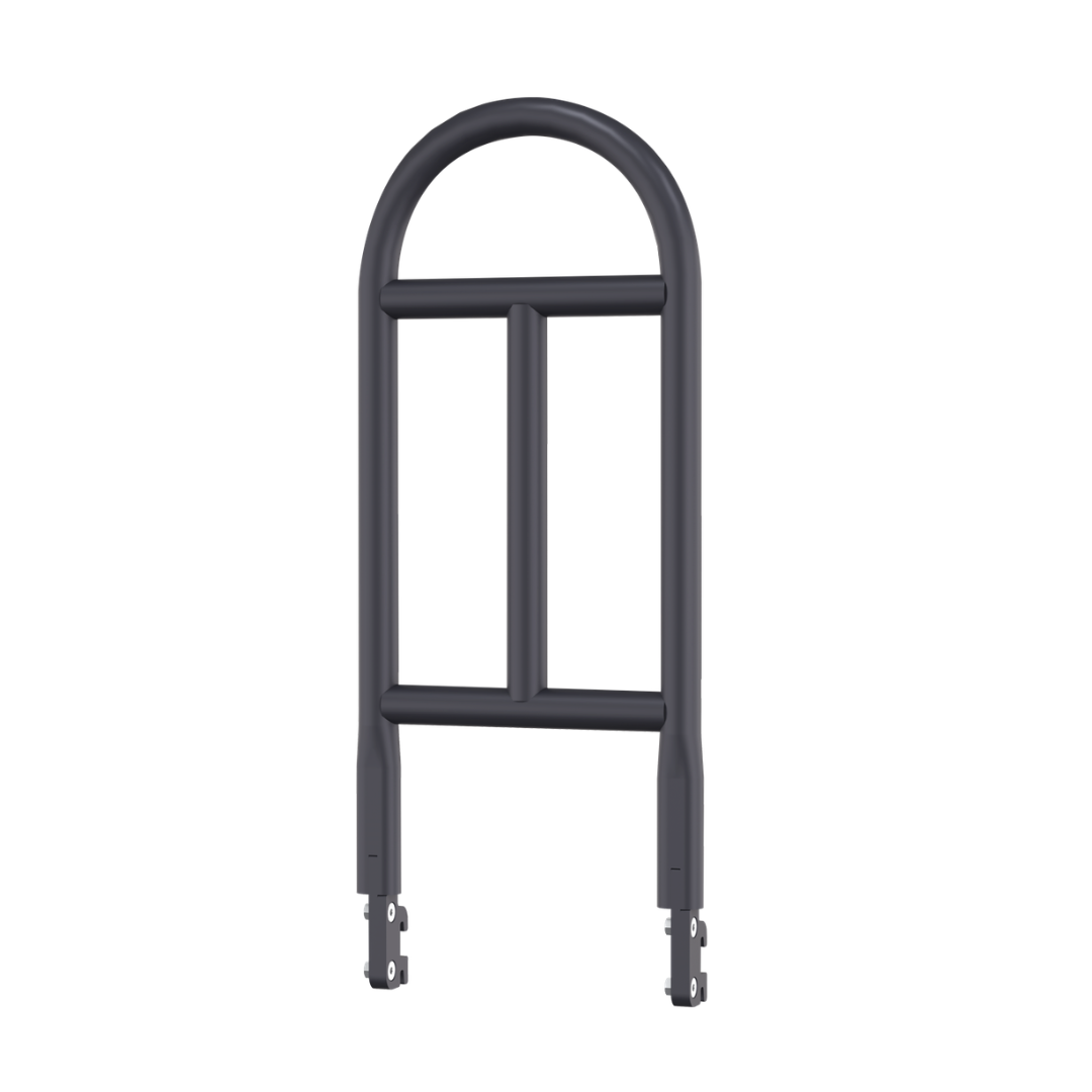 The Short Stand-Assist Bar for Accora FloorBed is a black metal U-shaped bar with two horizontal supports and base mounting brackets, designed to provide safe transfers and improved stability.