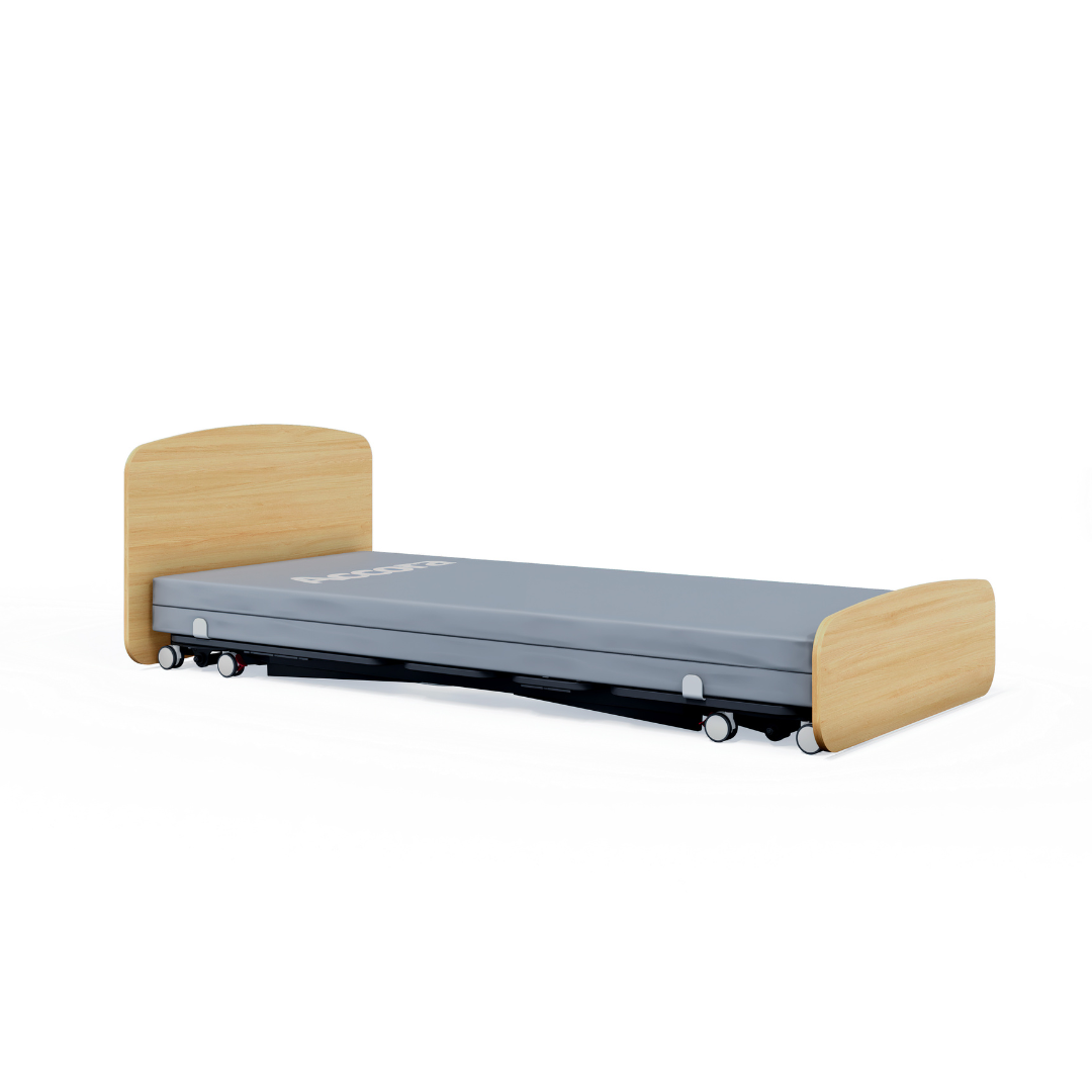 The Accora Contesa® FloorBed® Hi/Low Full Electric Bed features a light wood headboard and footboard, gray mattress, and small base wheels, providing fall prevention on a plain white background.