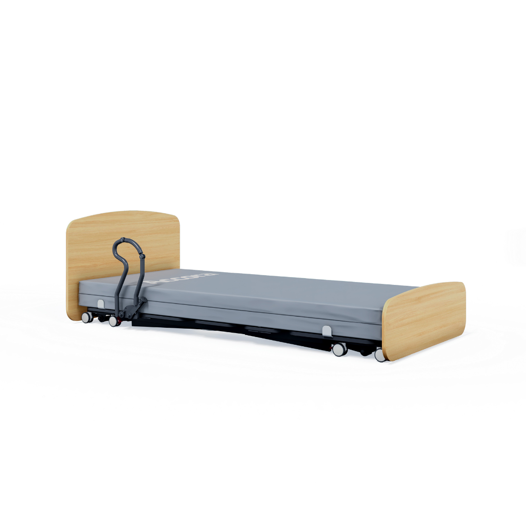 The Accora Contesa® FloorBed® Hi/Low Full Electric Bed features a light wood headboard and footboard, gray mattress, and side rail on wheels—designed for fall prevention and shown against a white background.