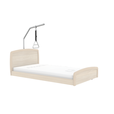 A Trapeze Self-Assist Pole for Accora Beds is mounted over a light wood Accora Empresa bed with a white mattress, all shown against a white background.