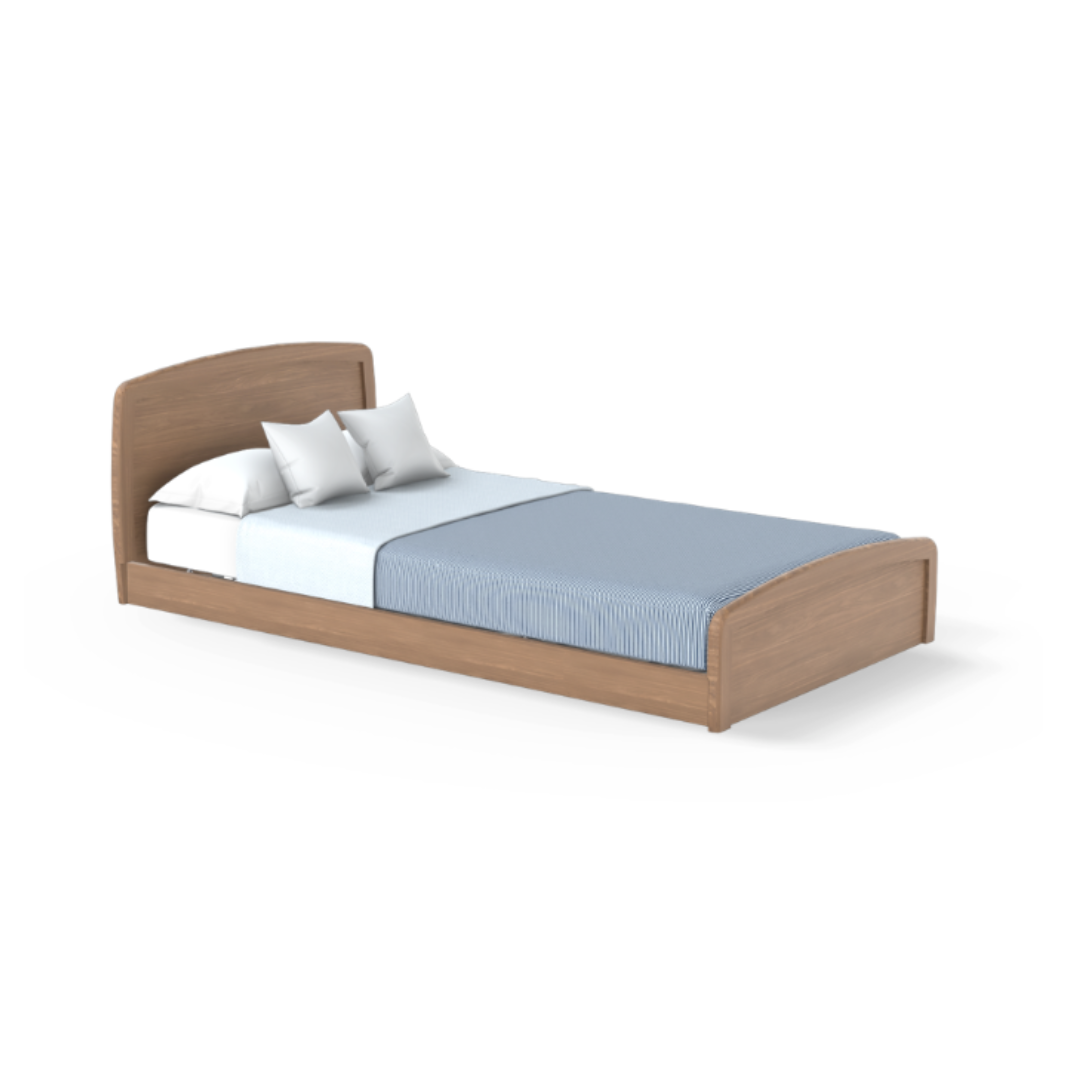 The Accora Empresa® Full Electric Bariatric FloorBed® is shown on a white background, featuring a wooden frame with curved headboard and footboard, light blue striped blanket, white sheet, and two white pillows.