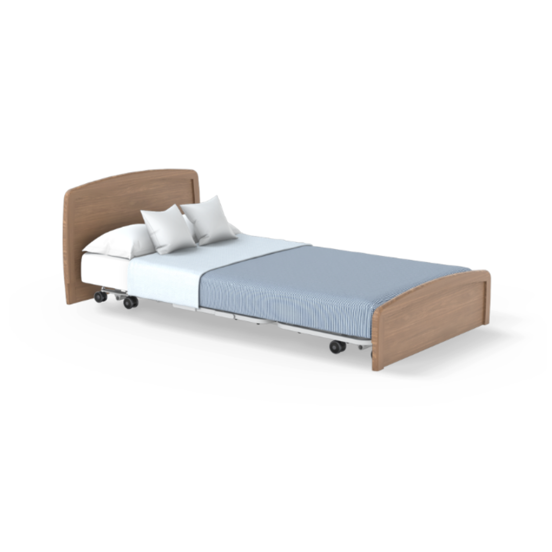 The Accora Empresa® Full Electric Bariatric FloorBed® features a wooden headboard and footboard, blue striped bedding, white sheets, two white pillows, and bed frame wheels, shown on a white background with simple CSS styling.
