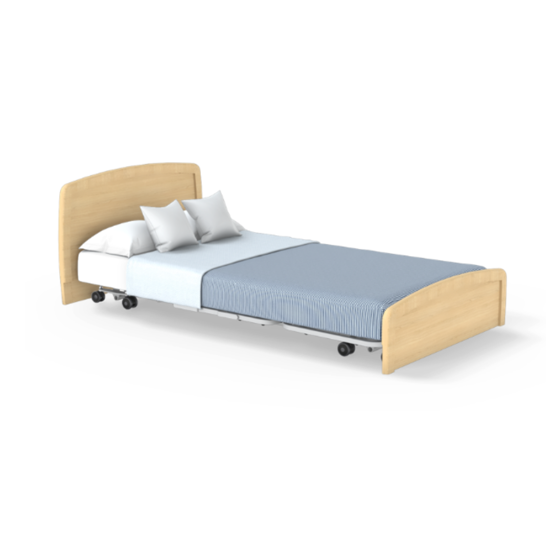 The Accora Empresa® Full Electric Bariatric FloorBed® features a light wood frame, blue-striped bedding, two white pillows, and black caster wheels, providing modern style and mobility for any bedroom.