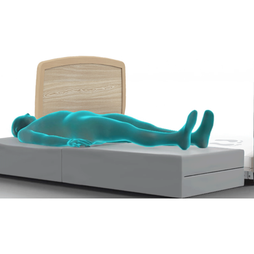A blue, semi-transparent figure lies on a modern adjustable bed with a wooden headboard and gray base, next to the High Safety Mat For Bedside Falls—a high-impact absorbing mat designed for floor-level bed safety.