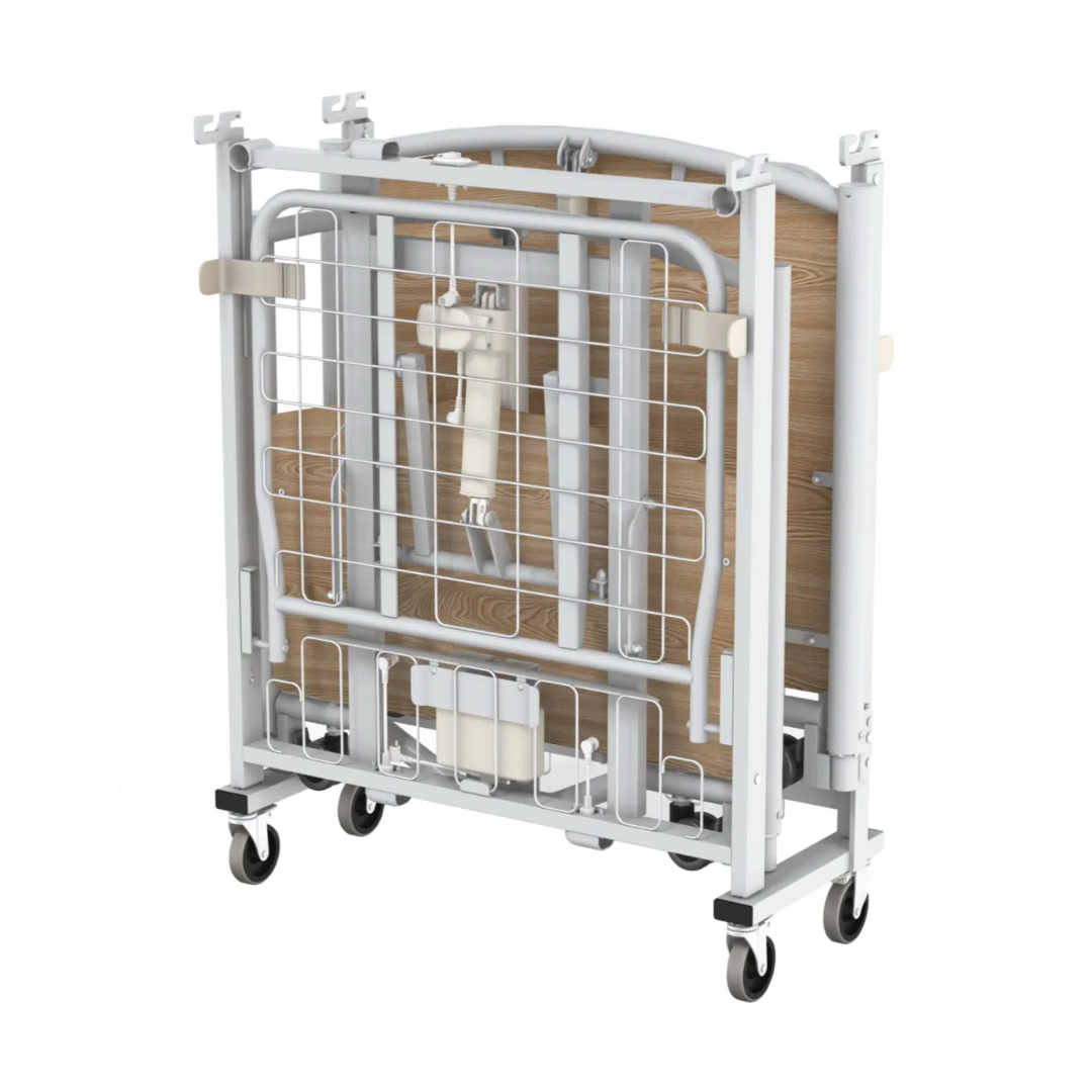 The Accora FloorBed® Ultra Low Full Electric Homecare Bed folds upright on wheels, with a metal grid frame and wooden panels, designed for easy storage, transport, and ultra low height.