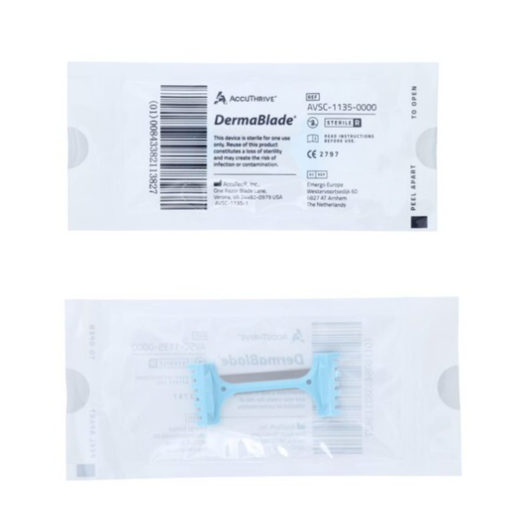 A packaged AccuThrive DermaBlade Stainless Steel Biopsy Blade displays product details on the unopened wrapper, with the blue-handled stainless steel blade visible through a transparent section.
