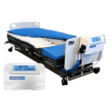 The Med-Mizer ActiveCare Alternating Pressure Air Mattress is shown on a hospital bed with blue and black design, electronic footboard controls, an inset of the ActiveCare Air unit, and wheels for mobility.