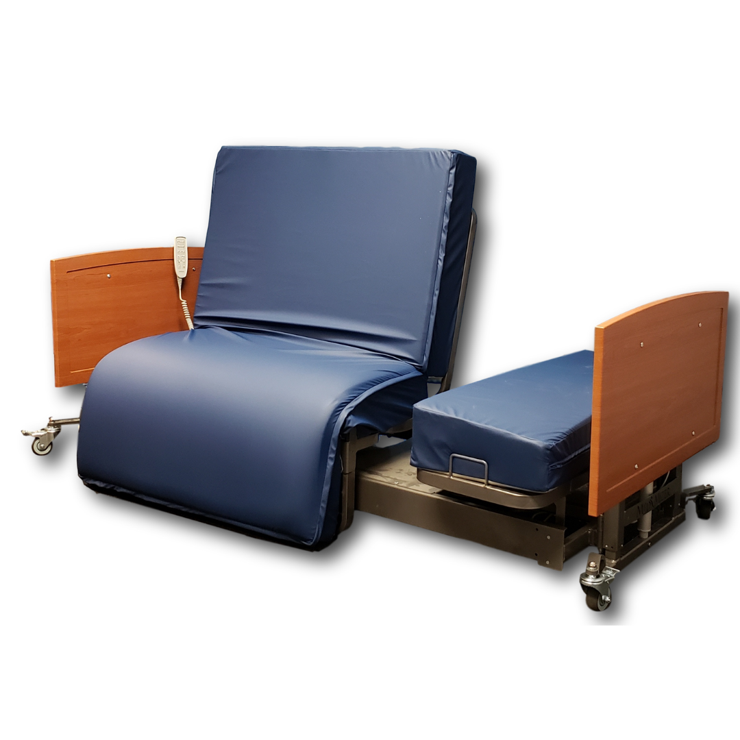 The Med-Mizer ActiveCare Rotating Hospital Bed is a blue recliner with wood side panels, wheels, and a handheld control, partially extended into a bed position like an adjustable hospital bed.