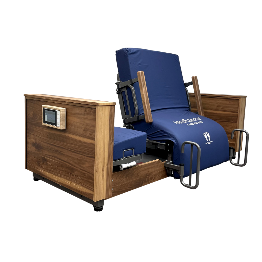 The Med-Mizer ActiveCare Rotating Hospital Bed features wood panel sides, a blue mattress with matching armrests, left-side control panel, partial reclining, and safety rails at the foot.