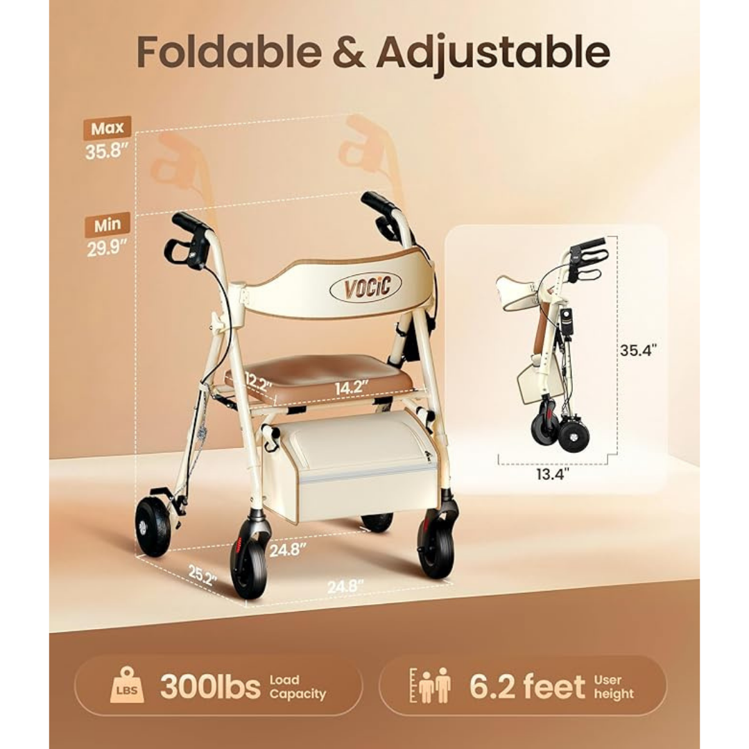 Tan Adjustable Speed Rollator Walker with Slow-Down Brakes (VOCIC Z63) featuring a padded seat, backrest, and under-seat storage. This lightweight walker offers an adjustable handle, supports up to 300 lbs, accommodates users up to 6.2 ft tall, and includes clearly labeled dimensions for added convenience—making it a practical choice for anyone seeking the VOCIC Z63 Adjustable Speed Rollator Walker.