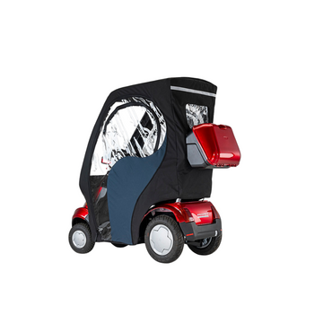 Customize your red four-wheeled mobility scooter with Afikim Electric Vehicle Accessories. It features a black and blue canopy, transparent windows for visibility, and a small red storage compartment at the back, ensuring comfort and safety.