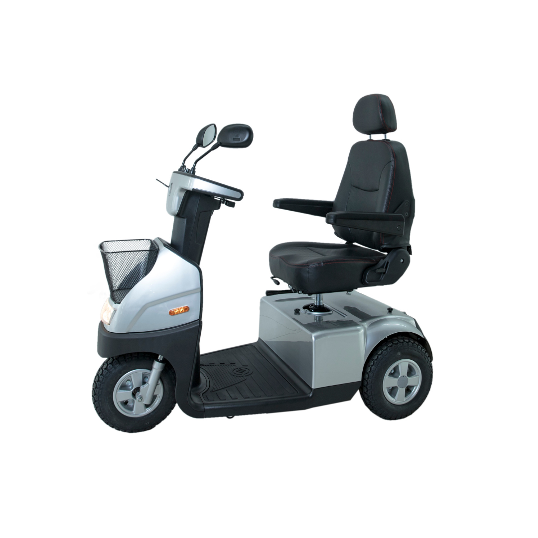 The Afikim Afiscooter C3 HD is a stylish mid-size, 3-wheel mobility scooter featuring a silver frame, black cushioned seat with armrests, front basket, handlebars with mirrors, and large tires for stability—ideal for those seeking reliability.