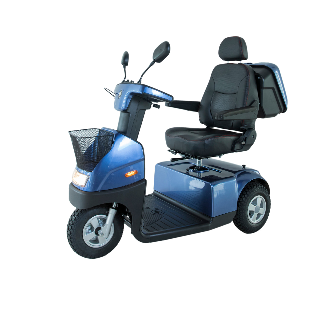 The Afikim Afiscooter C3 HD, a blue mid-size mobility scooter, features three wheels, a cushioned seat with armrests, and rearview mirrors. It includes a front basket and rear storage compartment for convenience.