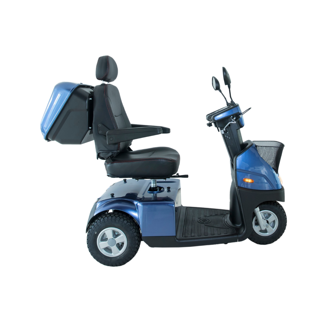 The Afikim Afiscooter C3 HD 3-Wheel Mobility Scooter is a blue mid-size scooter with three wheels, a black seat, mirrored handlebars, front basket, storage compartment behind the seat, and medium-sized tires; shown in side view.