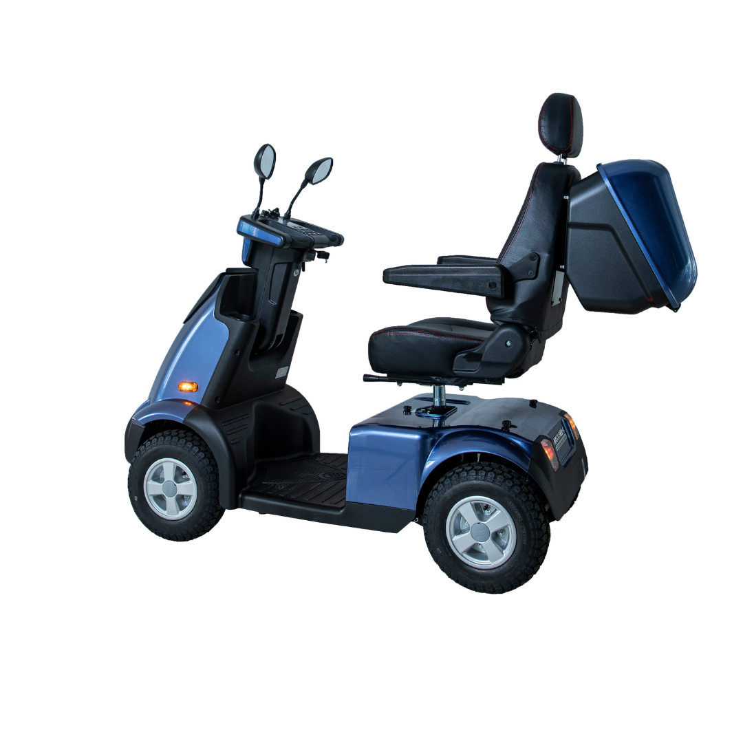 The Afikim Afiscooter C3 HD 3-Wheel Mobility Scooter, shown on a white background, has a padded seat with backrest, mirrors, handlebars, and a small windshield—ideal for those seeking the convenience of a mid-size scooter.