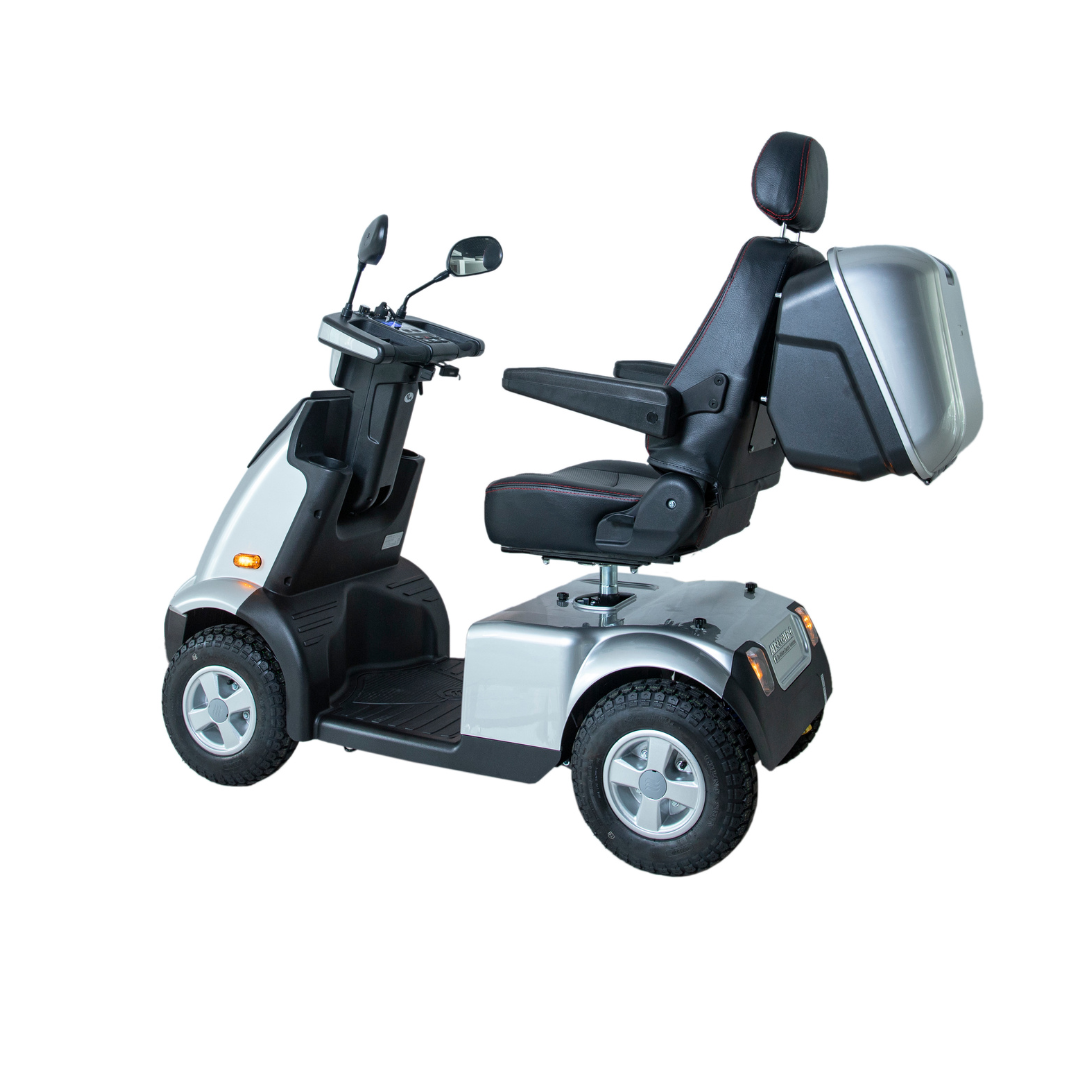 The Afikim Afiscooter C3 HD is a gray mid-size 3-wheel mobility scooter with a comfortable seat, backrest, steering handlebar, and rear storage, blending comfort with practicality in its side view.