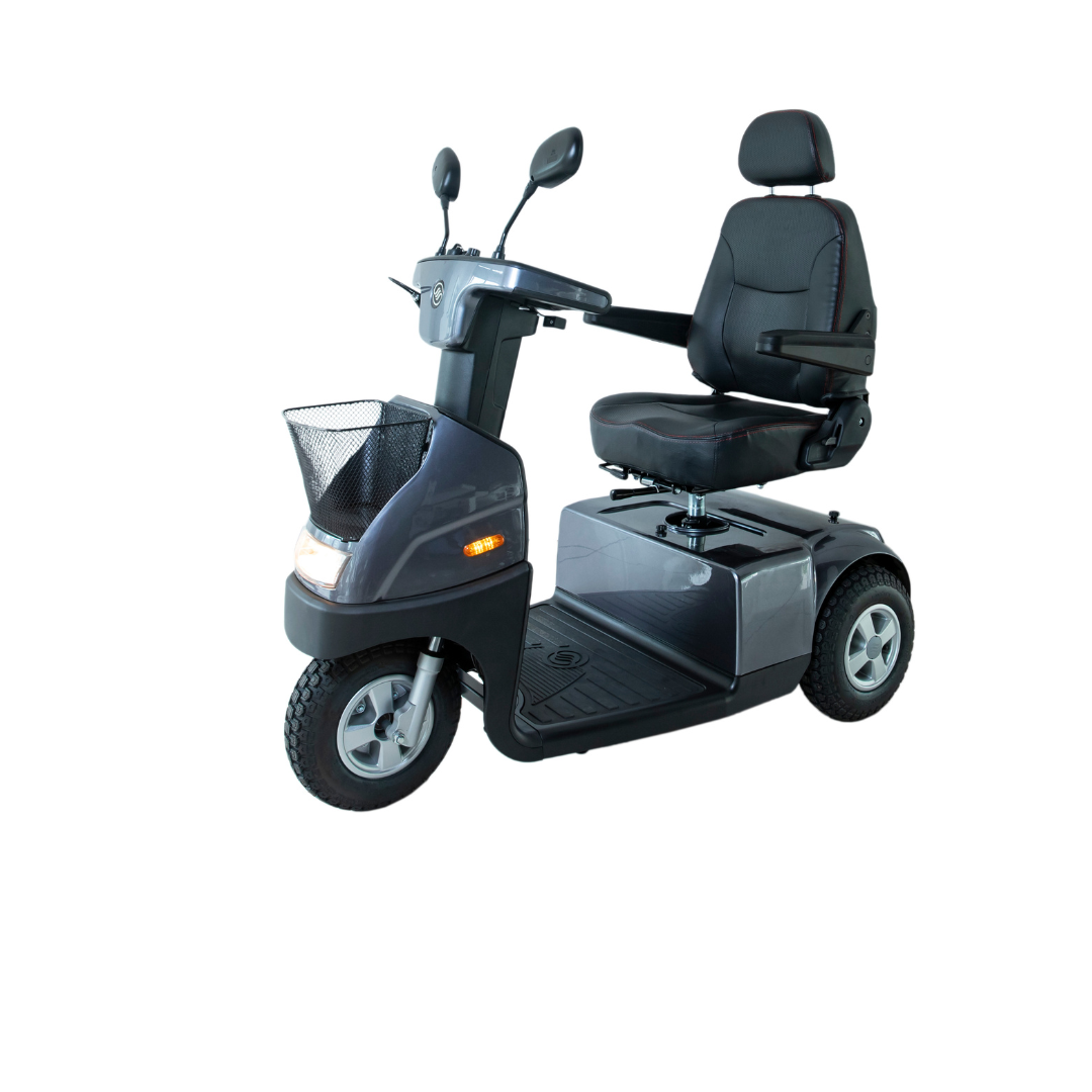The Afikim Afiscooter C3 HD 3-Wheel Mobility Scooter, in sleek black, features a cushioned seat with armrests, rearview mirrors, and a front basket. The electric scooter includes headlights and an easy-to-use control panel on the handlebar for simple navigation.