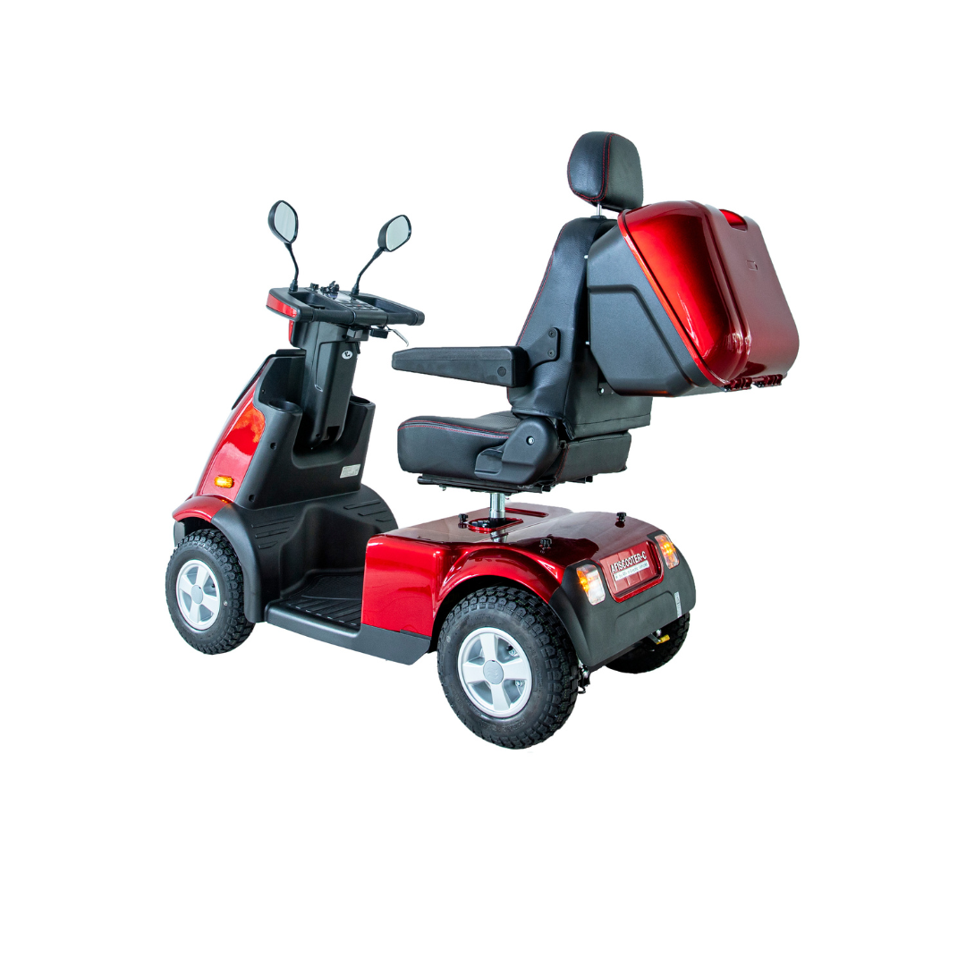 The Afikim Afiscooter C3 HD, a red mid-size mobility scooter, offers a padded seat, backrest, and handlebars with mirrors. With three wheels for support and a rear cargo box for convenience, it epitomizes top-notch design and functionality in electric scooters.