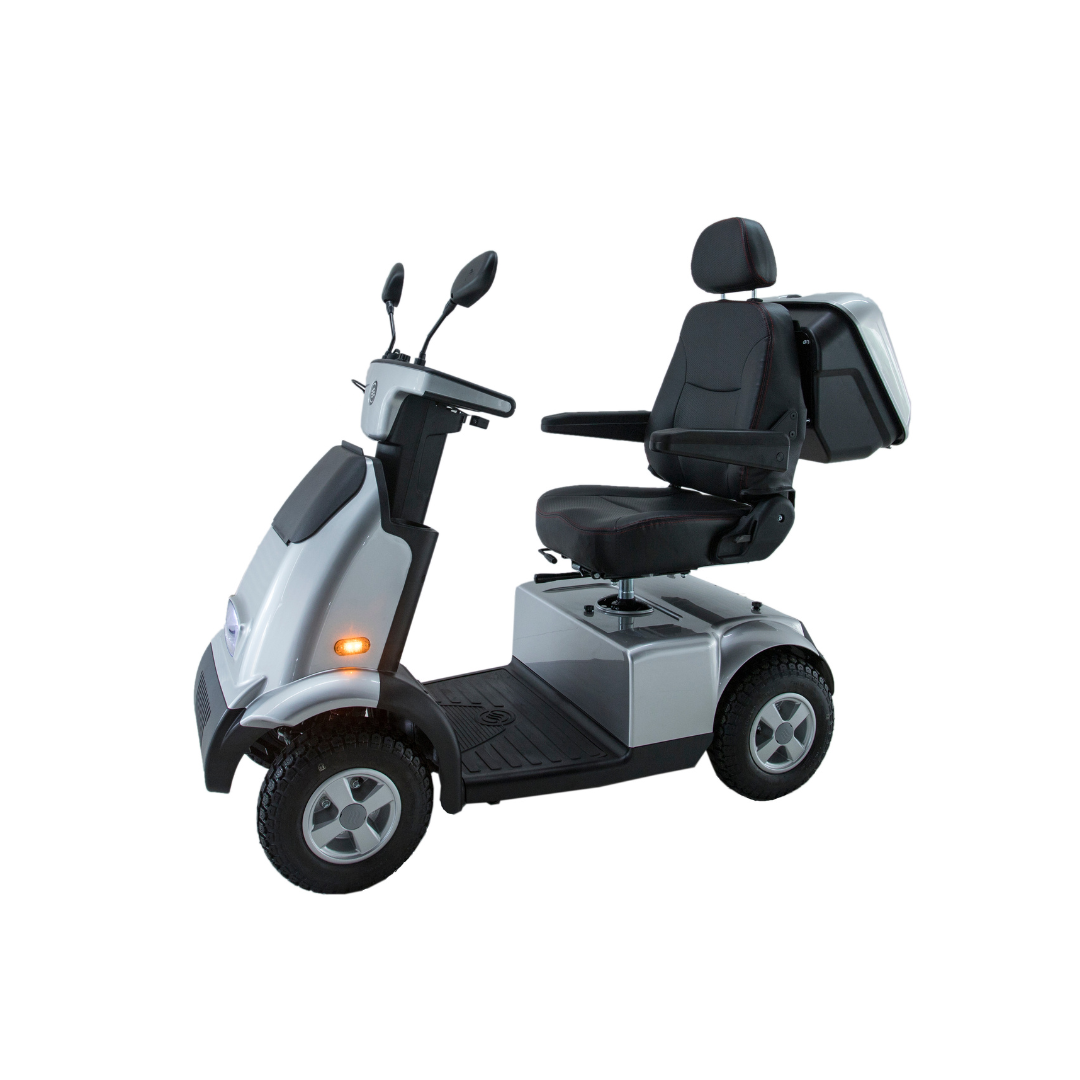 The Afikim Afiscooter C4 HD 4-Wheel Mobility Scooter in silver features a cushioned seat and backrest, handlebars with mirrors, and a convenient rear storage compartment.