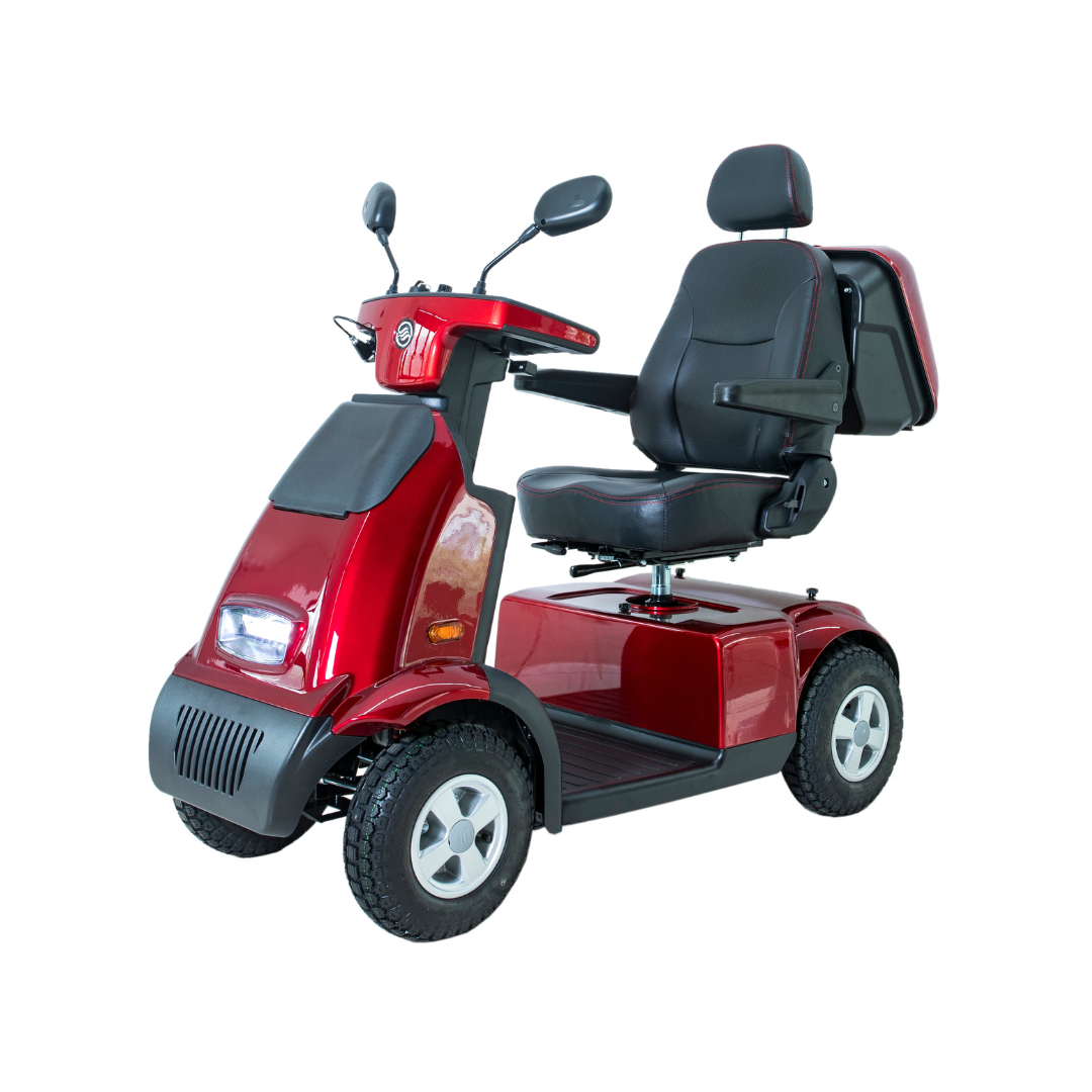 The Afikim Afiscooter C4 HD 4-Wheel Mobility Scooter features a vibrant red design, four wheels, a cushioned black seat with backrest, handlebars, mirrors, and a headlight for enhanced mobility and comfort.