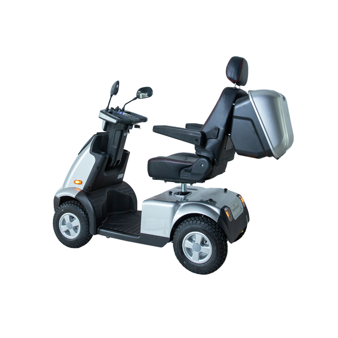 The Afikim Afiscooter C4 HD 4-Wheel Mobility Scooter shines in silver, featuring an adjustable seat with a headrest, intuitive handlebar controls, mirrors for safety, four wheels, and a rear storage compartment.