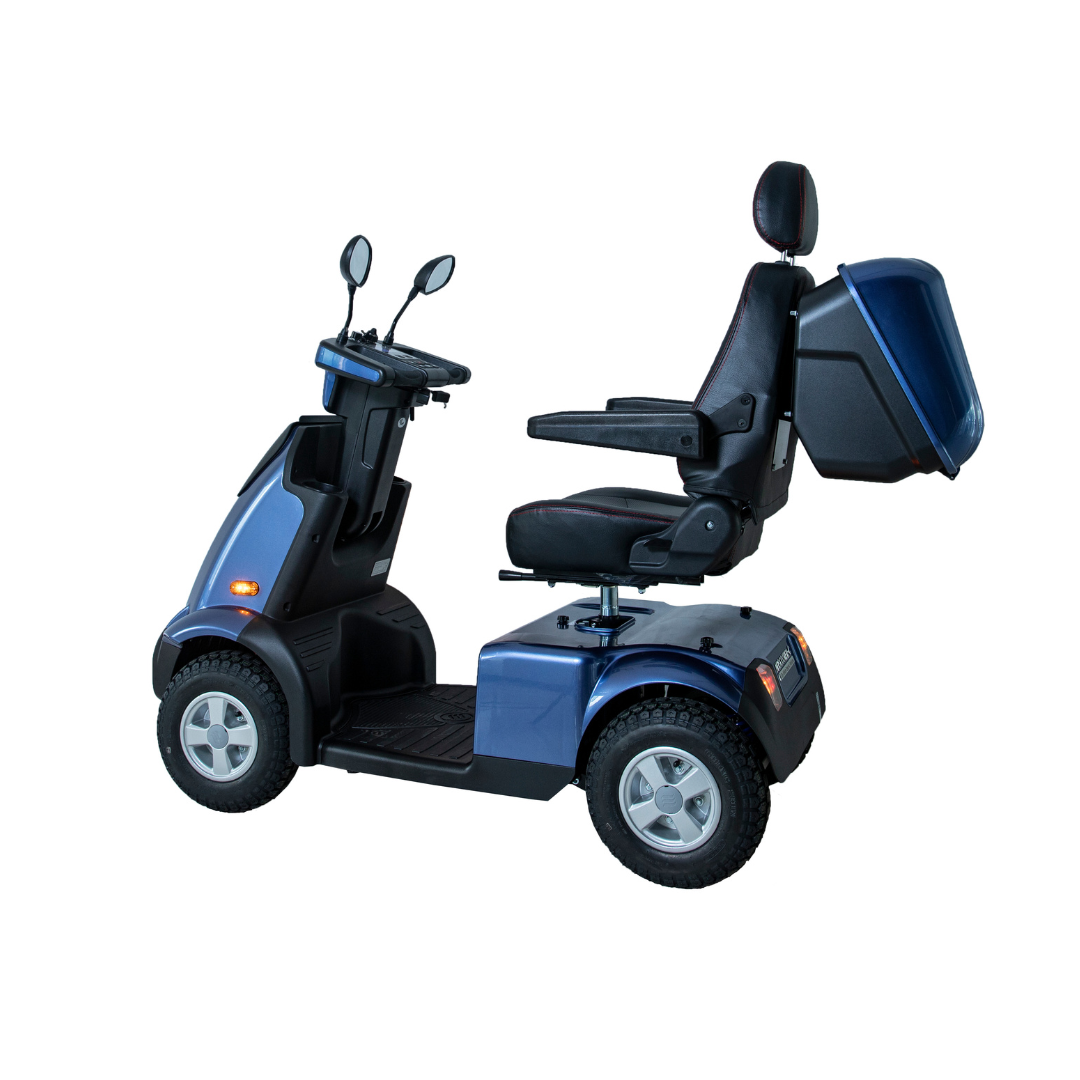 The Afikim Afiscooter C4 HD is a blue electric mobility scooter with a sturdy four-wheel design, mirrors, an orthopedic padded seat and backrest. It includes a storage compartment behind the seat and is elegantly displayed against a white background.