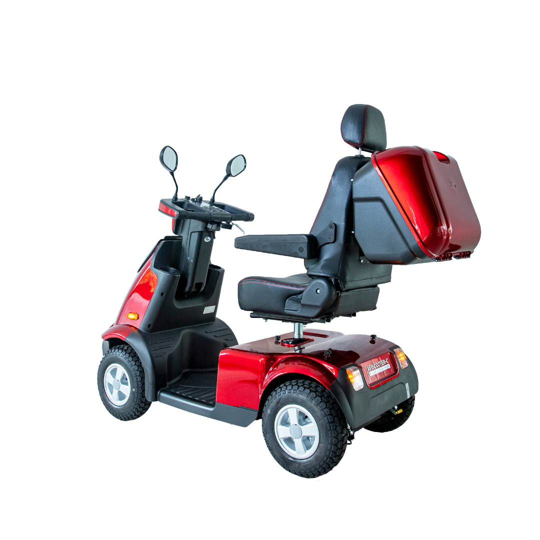 The Afikim Afiscooter C4 HD is a red 4-wheel mobility scooter designed for comfort and ease of use, featuring a padded seat, adjustable armrests, rear storage compartment, and side mirrors for enhanced stability and convenience.