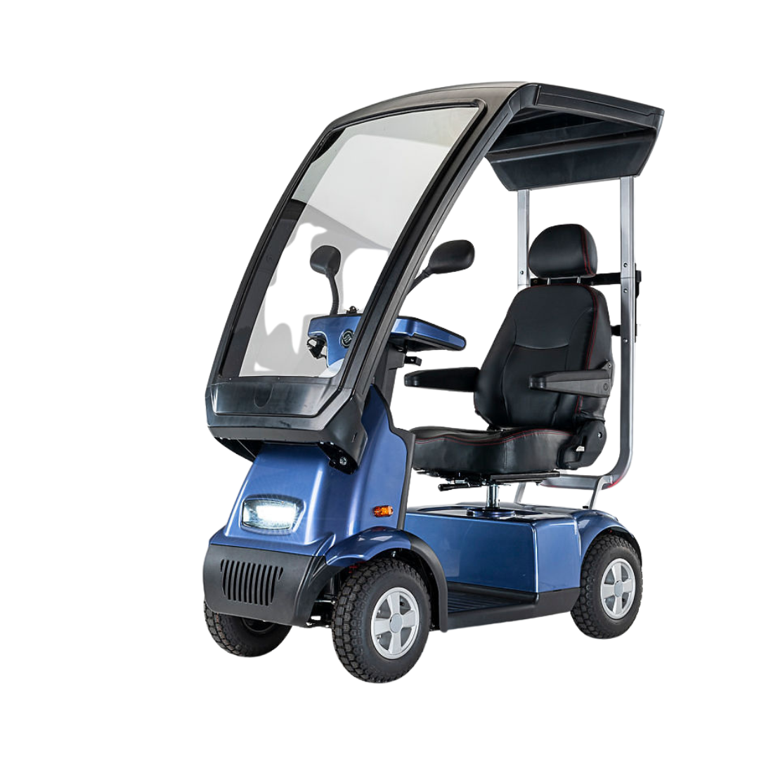 The blue Afikim Afiscooter C4 HD 4-Wheel Mobility Scooter offers a protective canopy, orthopedic seat with armrests, clear windshield, and front headlight for visibility. Its four-wheel design ensures enhanced stability and smooth control.