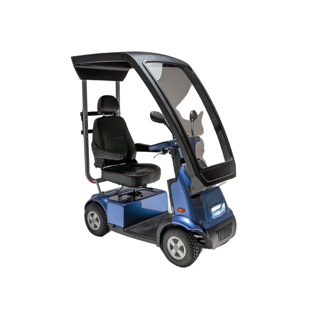 The Afikim Afiscooter C4 HD 4-Wheel Mobility Scooter is blue with a black orthopedic seat, canopy, transparent front shield, four wheels, and headlights. This electric scooter offers outdoor accessibility and comfort.