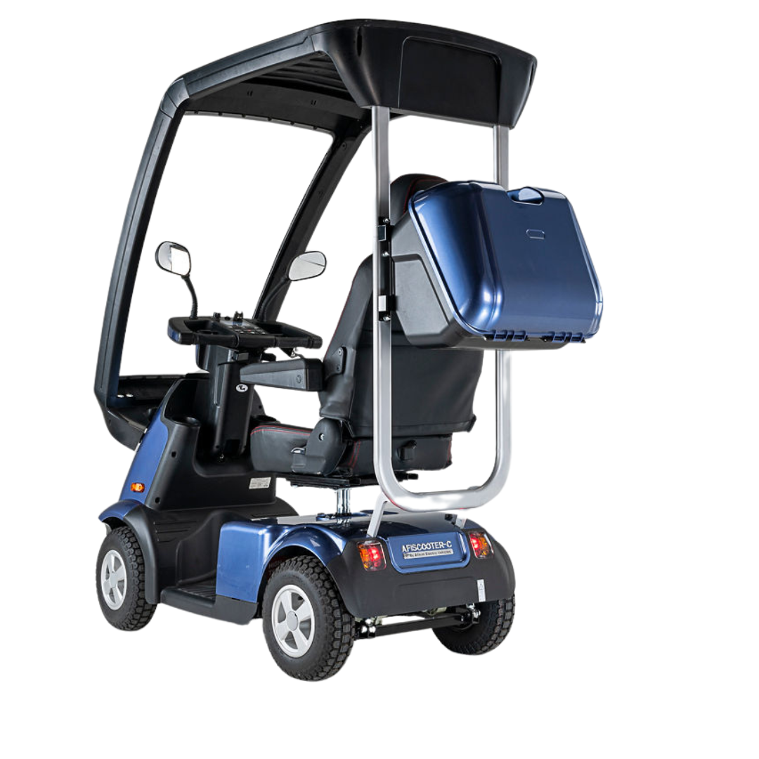 The Afikim Afiscooter C4 HD 4-Wheel Mobility Scooter is a compact blue electric scooter with a protective canopy, rear storage compartment, side mirrors, and an orthopedic seat for comfortable personal transport.