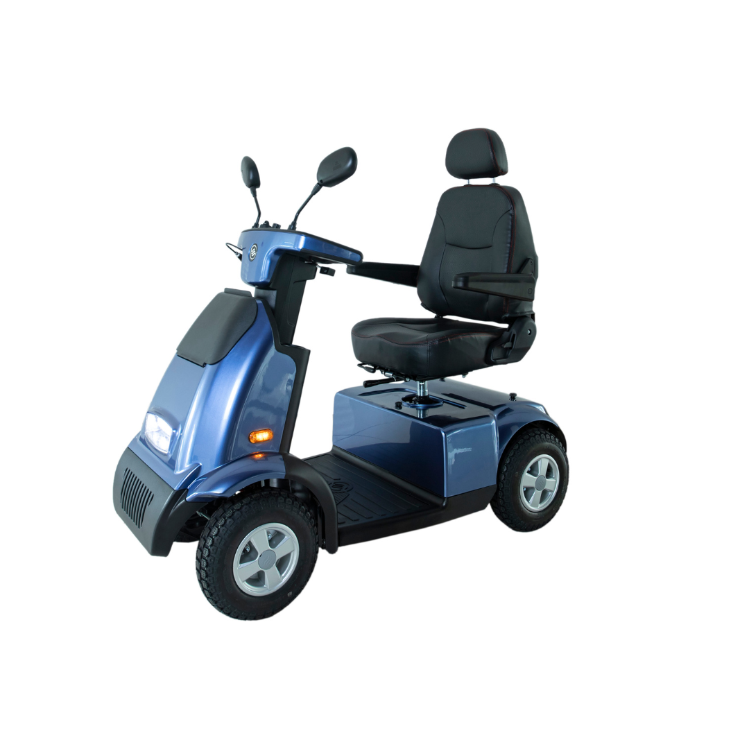 The Afikim Afiscooter C4 HD 4-Wheel Mobility Scooter is a blue electric model with a black orthopedic seat, armrests, mirrors, and four wheels. It features a sleek design with dashboard controls and a front headlight.