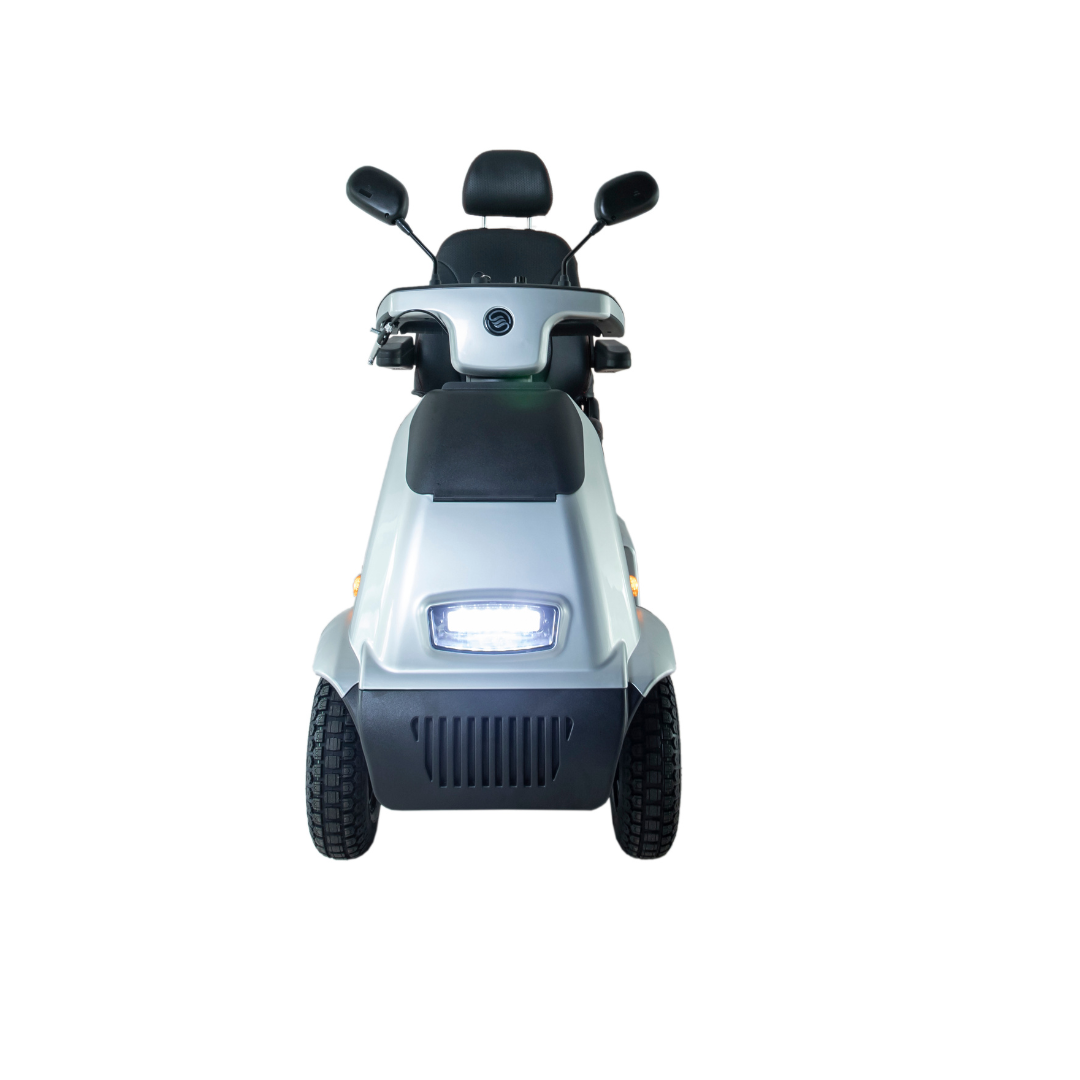 A silver Afikim Afiscooter C4 HD 4-Wheel Mobility Scooter features headlights, a comfortable seat, dual rearview mirrors, and is designed for enhanced personal mobility and ease of use.