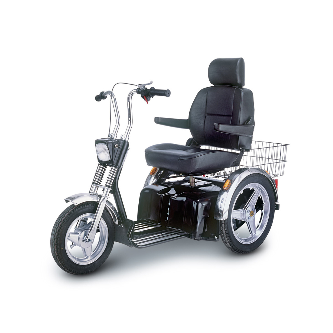 The Afikim Afiscooter SE is a 3-wheel recreational scooter featuring bike handles, a sleek black leather seat with armrests, and handlebars. It blends retro design with modern convenience through its durable chassis, chrome front fender and headlights, and a rear metal basket for storage.