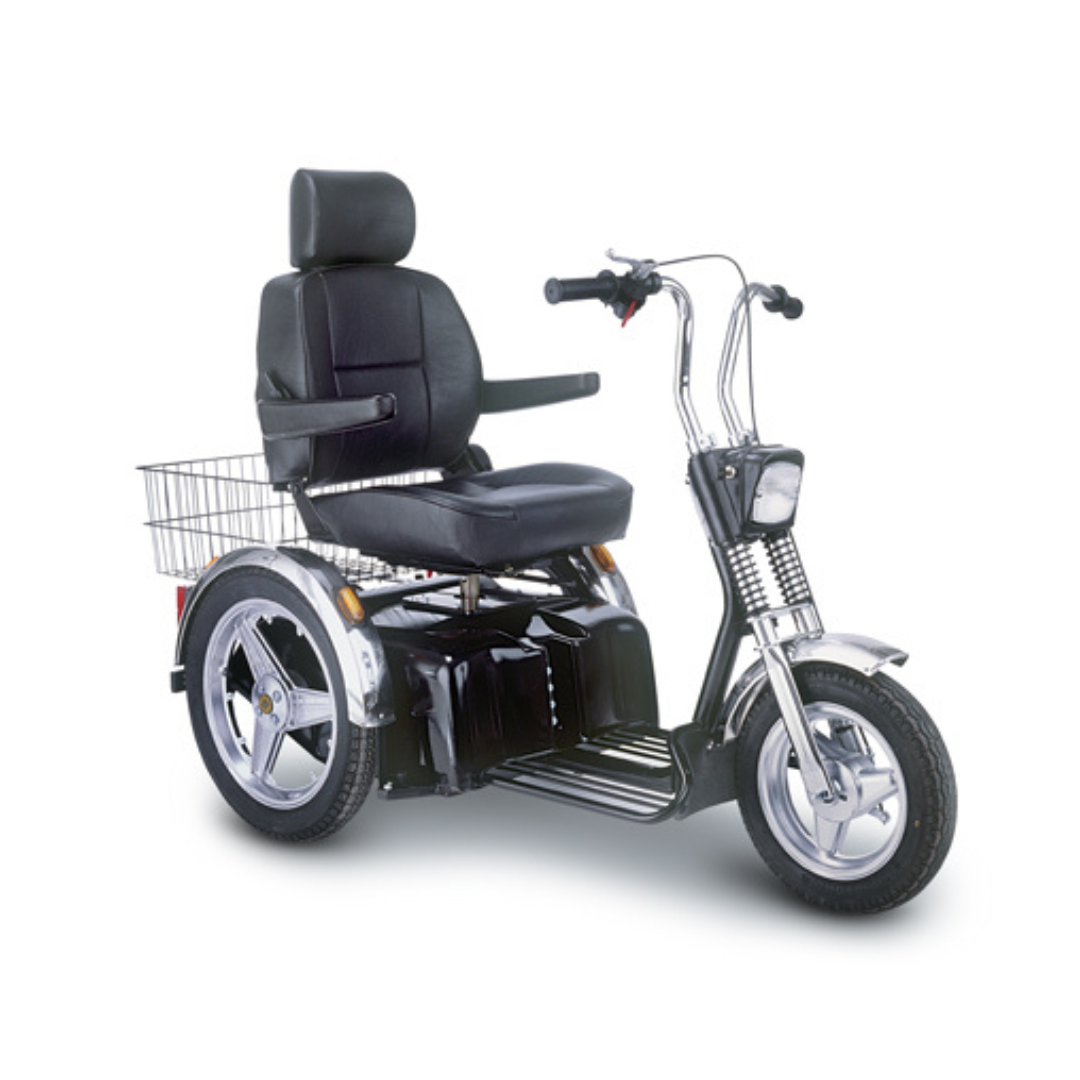 The Afikim Afiscooter SE 3-Wheel Recreational Scooter features a retro design with a black leather seat, armrests, and bike handles. It includes a front headlight, rear wire basket for storage, large tires, and a durable chassis for enhanced stability and comfort.