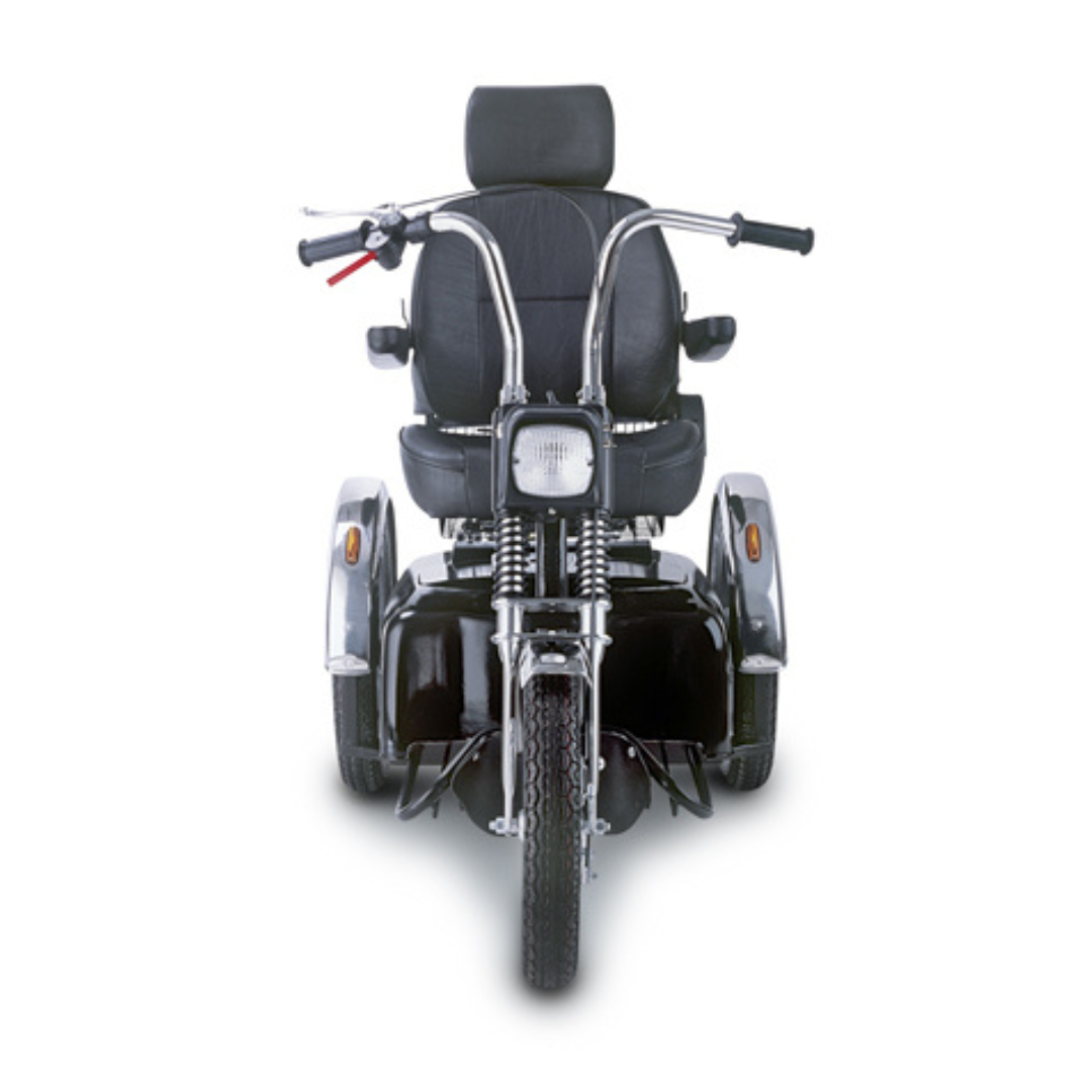 Front view of the Afikim Afiscooter SE 3-Wheel Recreational Scooter featuring chrome bike handles, a headlight, and a black cushioned seat with a backrest. Designed for stability and accessibility, it boasts a durable chassis for added reliability in its retro style.