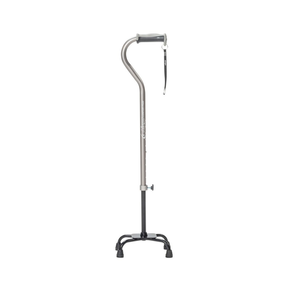 The Drive Airgo Comfort-Plus Adjustable Quad Cane offers a lightweight design with a curved handle, wrist strap, and adjustable height. Its black base has four rubber-tipped legs for enhanced balance support.