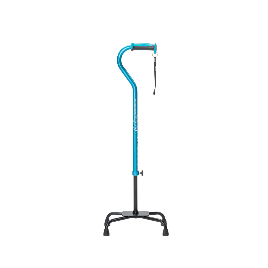 The Drive Airgo Comfort-Plus Adjustable Quad Cane in blue features a curved handle with a black grip and wrist strap, plus a stable black four-point base for balance support, shown standing upright against a white background.
