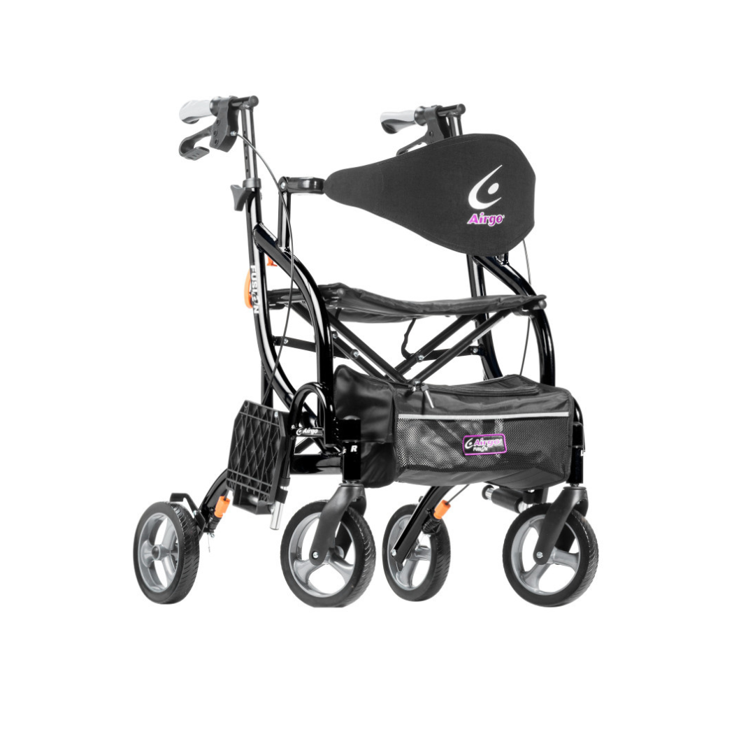 The Drive Airgo Fusion Side-Folding Hybrid Rollator & Transport Chair is a black, lightweight walker with four wheels, a seat, backrest, hand brakes, and an under-seat pouch—providing mobility aid and quick conversion to a transport chair.