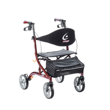 The Drive Airgo eXcursion X20 Lightweight Side-fold Rollator is a red, four-wheeled walker with hand brakes, a black seat, curved Airgo backrest, and storage pouch under the seat for comfort and convenience.