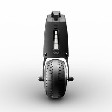 Front view of the Alber SMOOV One Power Assist in black, featuring a single thick treaded wheel, electric drive, minimalistic design, and "one" displayed on the front panel.