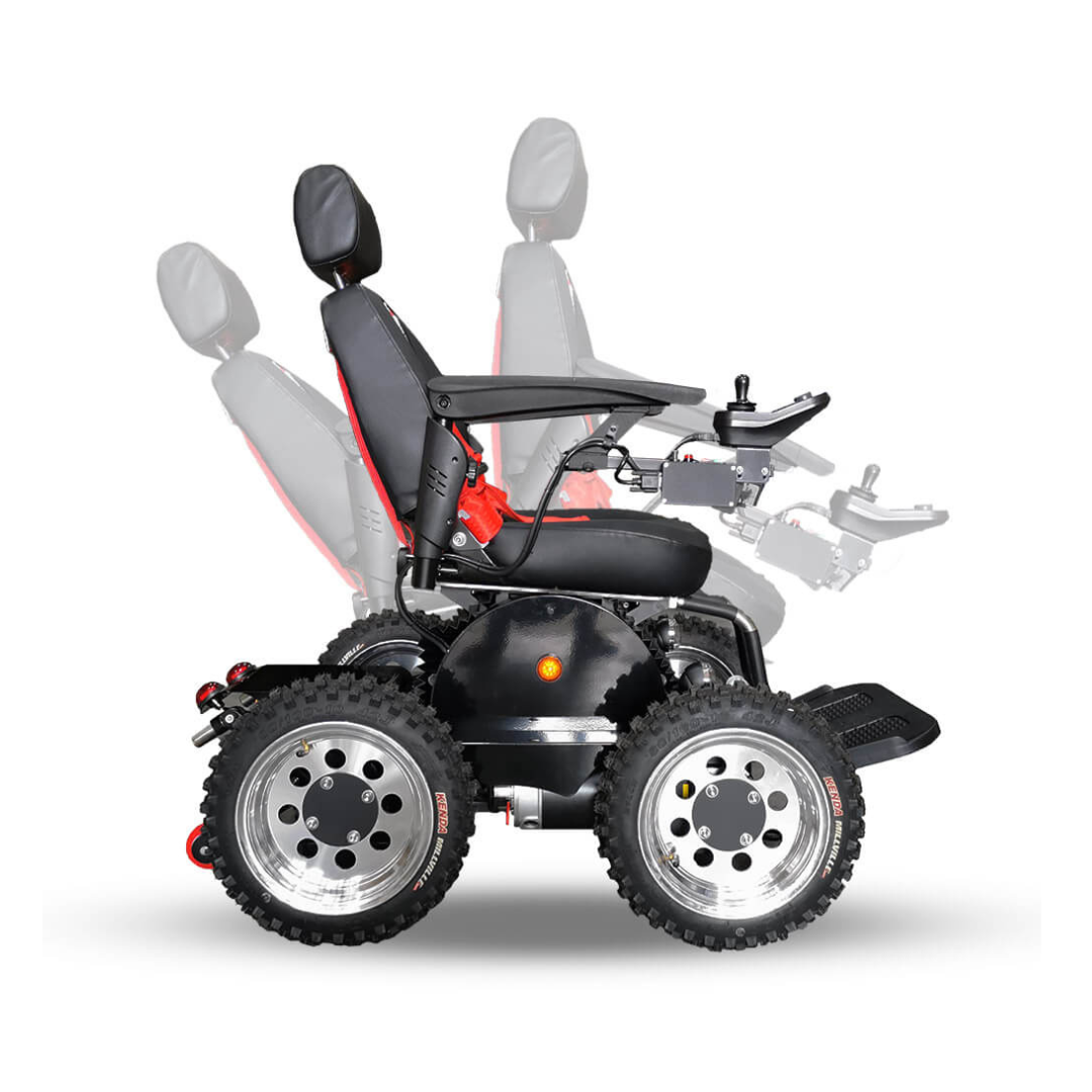 The Wheelchair88 All-Terrain Stair Climbing 4x4 Recreational Electric Vehicle features large, rugged wheels and a joystick controller, displayed in multiple reclining positions against a white background.