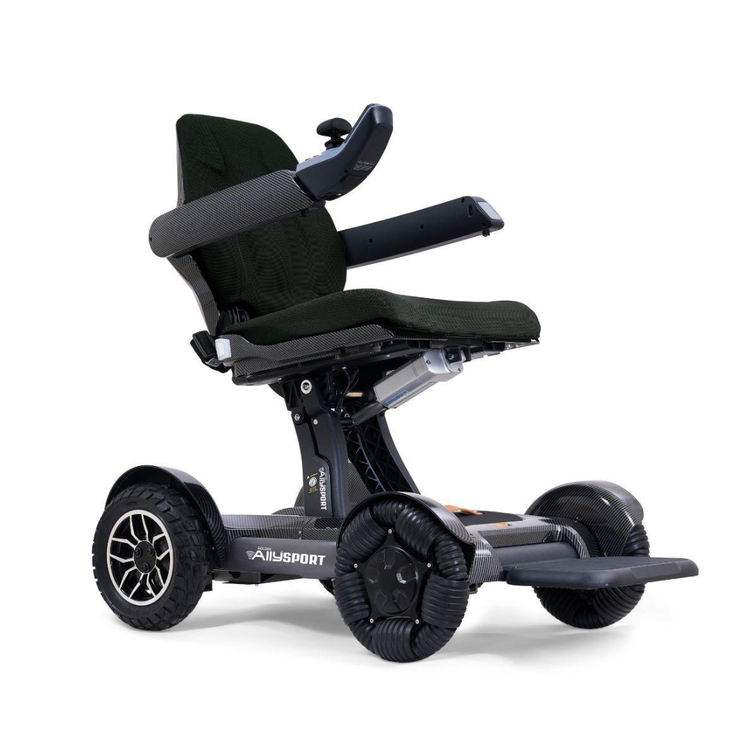 The Golden Tech Ally Sport Smart Powerchair features omni-directional wheels, app control, a cushioned seat, and armrests in a modern black design—built to provide superior comfort and maneuverability.