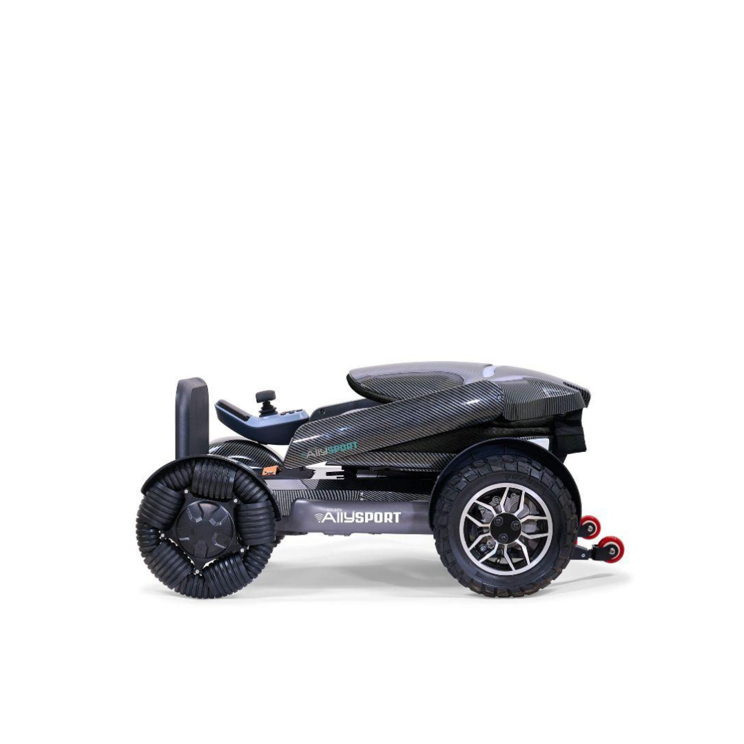 The Golden Tech Ally Sport Smart Powerchair, in black with omni-directional wheels and app control, features ergonomic memory foam seating and AllSport branding. Photographed against a plain white background.