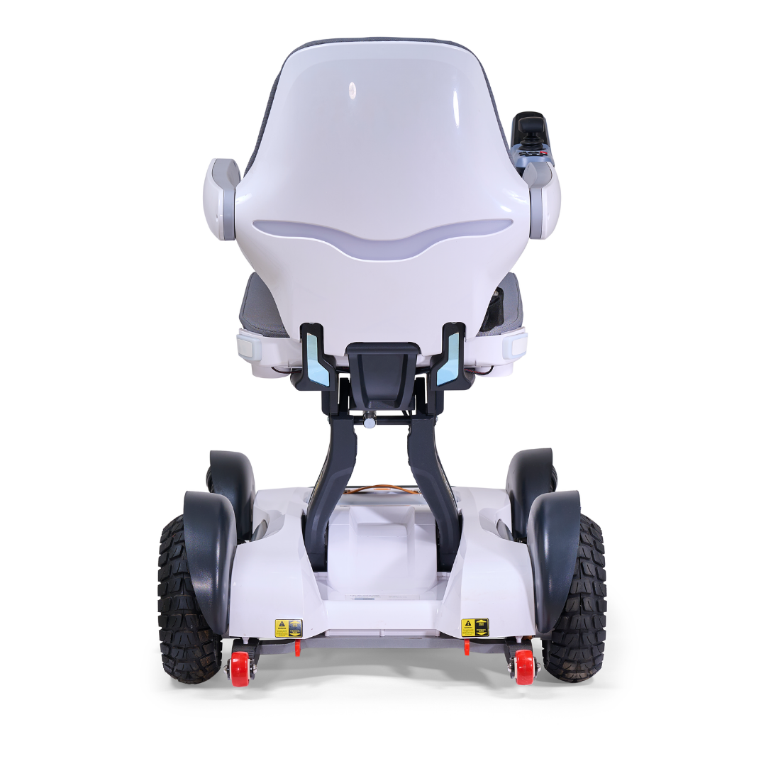 A rear view of the Golden Tech Ally Sport Smart Powerchair with Omni-Directional Wheels and App Control, featuring large textured rear wheels, a raised seat with armrests, and red caster wheels at the base.