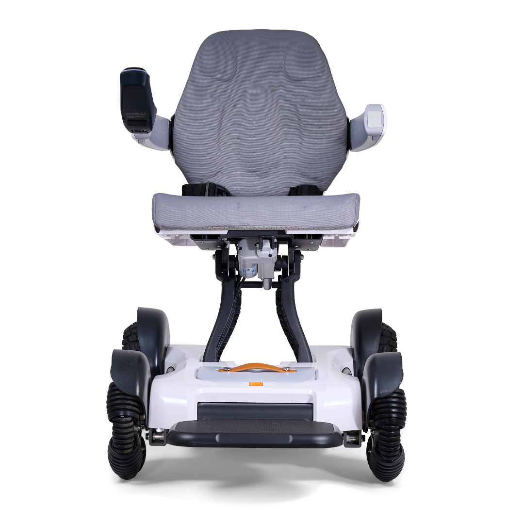 A front view of the Golden Tech Ally Sport Smart Powerchair, featuring ergonomic memory foam seating, gray cushioned seat, black armrests, four omni-directional wheels, and app control for individuals with mobility challenges.